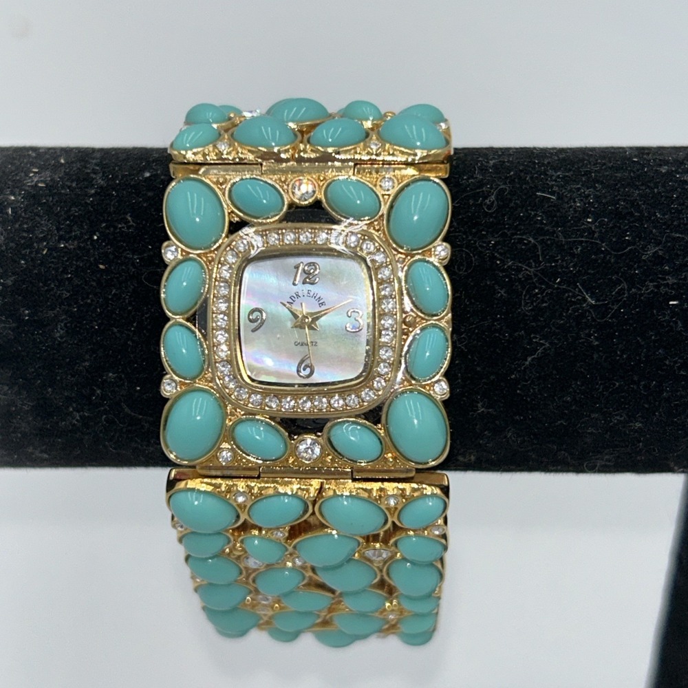 Vintage ADRIENNE Turquoise Watch MOP Pearl Face Rhinestone Gold Bling Bracelet